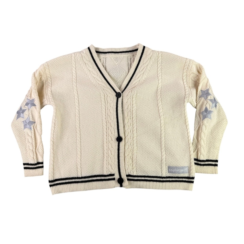 Taylor Swift Folklore Cardigan Women XL Cream Star Embroidered Cable Sweater